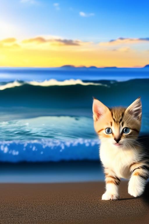 KITTEN DANCING ON A OCEAN BEACH